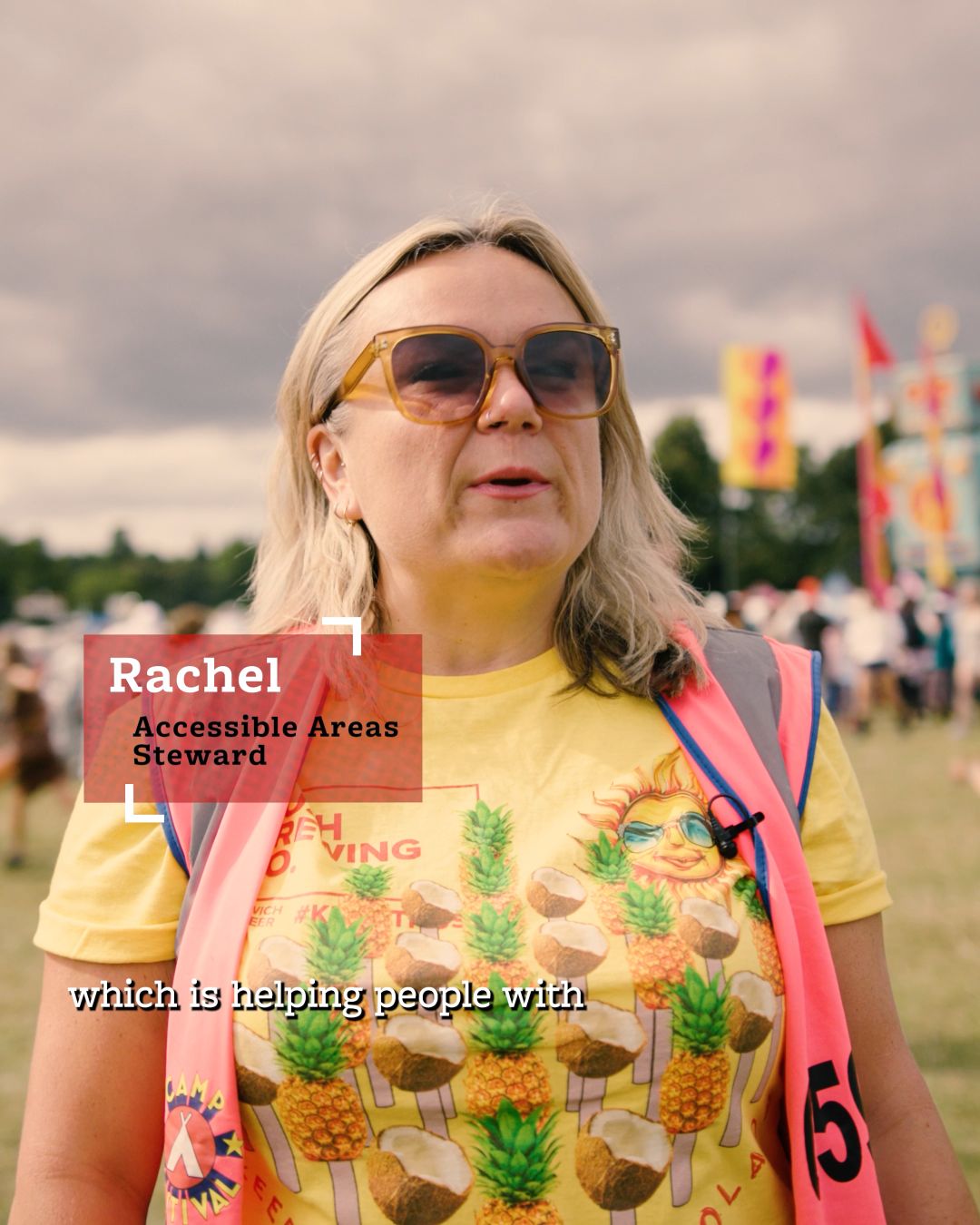 Rachel an Accessible Areas Steward volunteering with Hotbox Events at Camp Bestival!