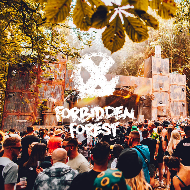 Jobs And Volunteering at Forbidden Forest with Hotbox Events - Stage and Crowd in forest clearing with festival logo v2025001 740PxSq72Dpi